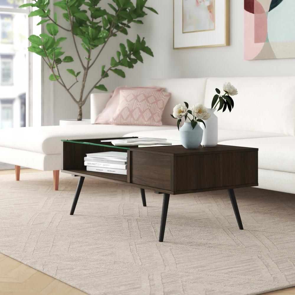 wood coffee table with open shelving