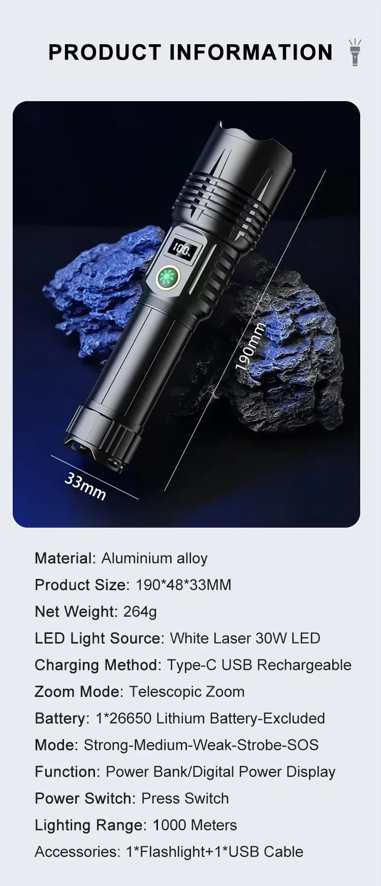 High Power Zoom, Strong Light Digital Display Multifunctional, Multi Level Adjustable Flashlight