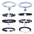 8pc A Set Gemstone Round Perles avec Bracelet de cœur Charka Guérison Crystal perles Stretch Bracelet pour femmes hommes