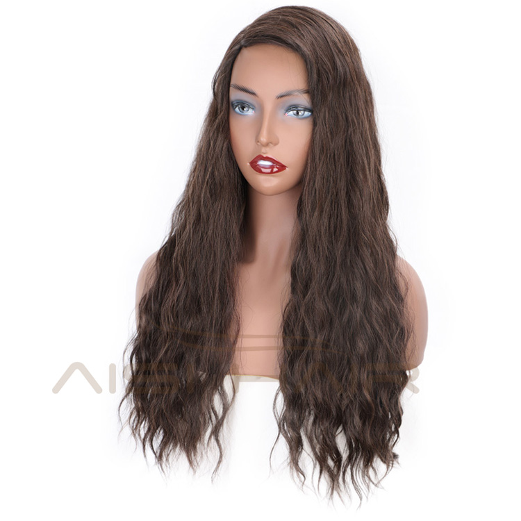 Aisi Hair Brown Color Lace Part Heat Resistant Synthetic Hair Wigs with Bangs Long Wavy Side Part Wigs for Black Women