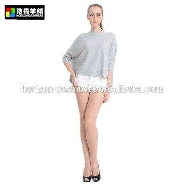 Round Neck Short Sleeve Grey Pullover, Plain Bat Sleeve Cashmere Pullover