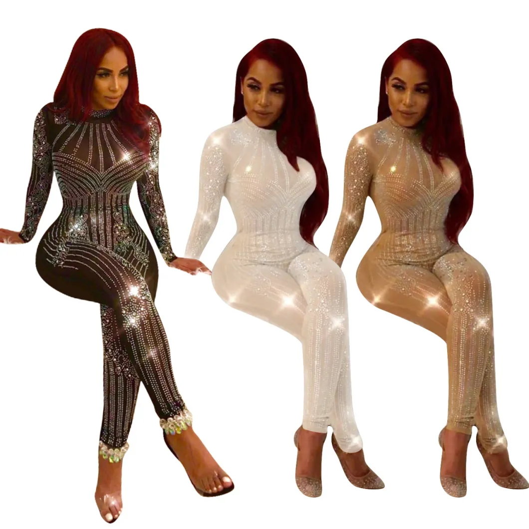 Trending Stylish Autumn Fall Jumpsuit Long Sleeve Bodycon Sequin Rhinestone Woman Jumpsuit