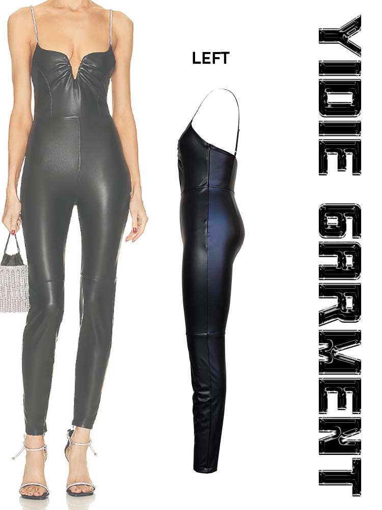 Shiny Adjustable Loop Strap Faux Leather Slim Jumpsuits