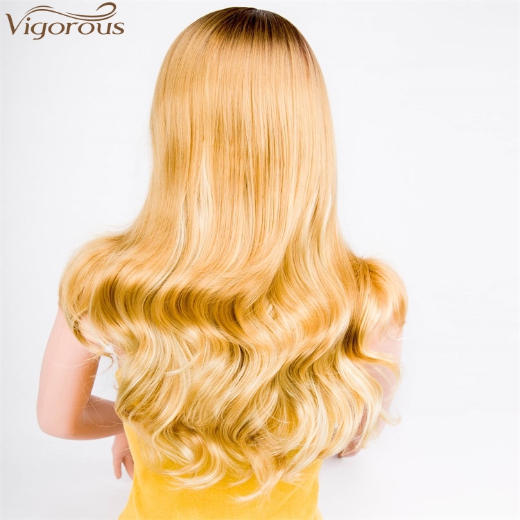 Vigorous Top Quality Long Ombre Dark Root To Blonde Wig Body Wavy Synthetic Wigs For White Women High Temperature