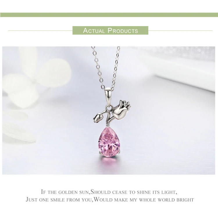 Romantic Rose Flower Pink Water Drop CZ 925 Sterling Silver Chain