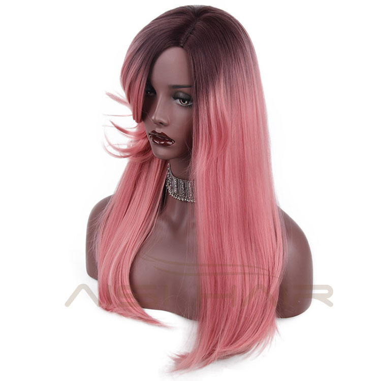 New Style Side Part long Silky Straight Wave Wigs Synthetic Ombre Pink Color Fiber Heat Resistant Wig