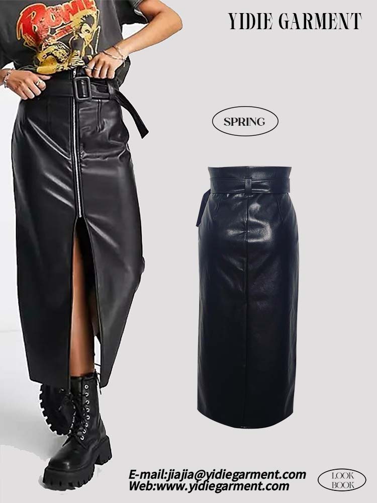 Black Faux Leather Belted Midi Skirt With Zip