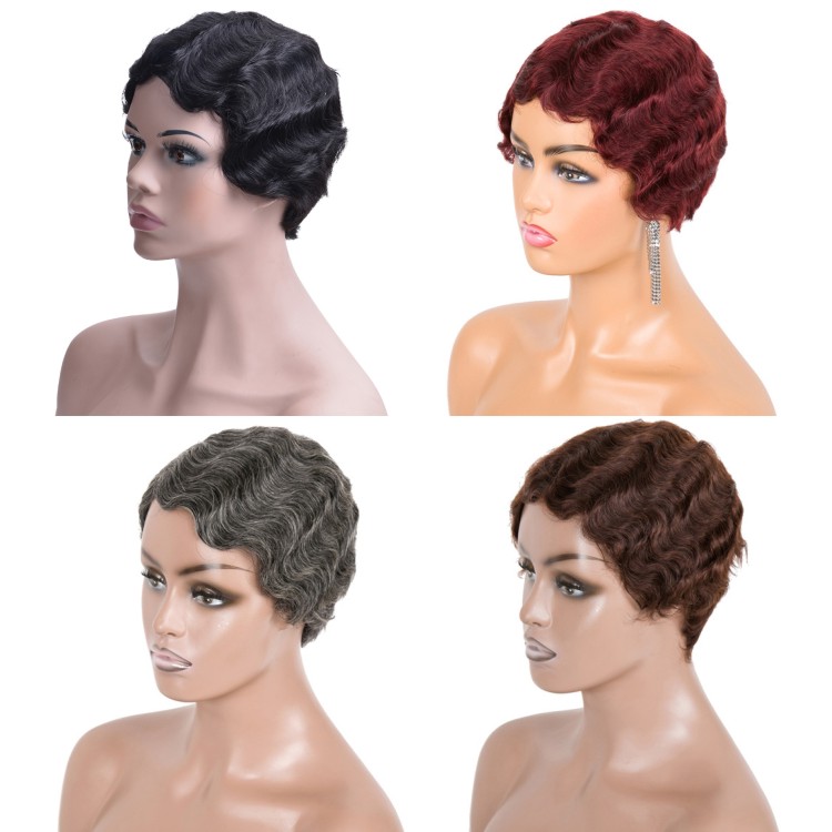 Wholesale Short Finger Wave Curly Wigs For Black Women Machine Made None Lace Pixie Cut Human Hair Wig