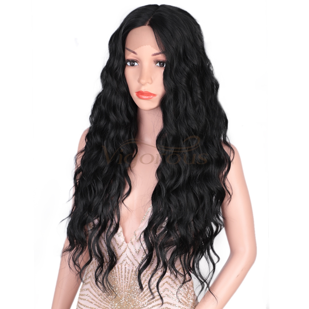 Vigorous Lace Front Wigs 26" Long Wavy Synthetic Wigs for Black Women 150% Density Deep Wave Middle Part Wigs(Natural Black)