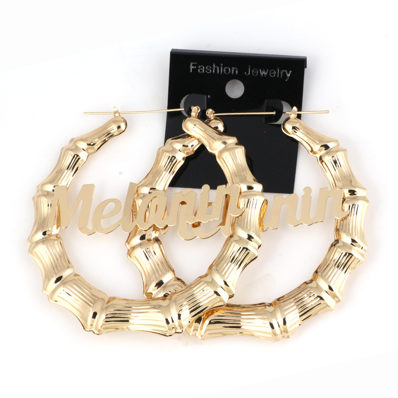 custom name bamboo earring alphabet letter word QUEEN gold large hoop earring name hoop earring