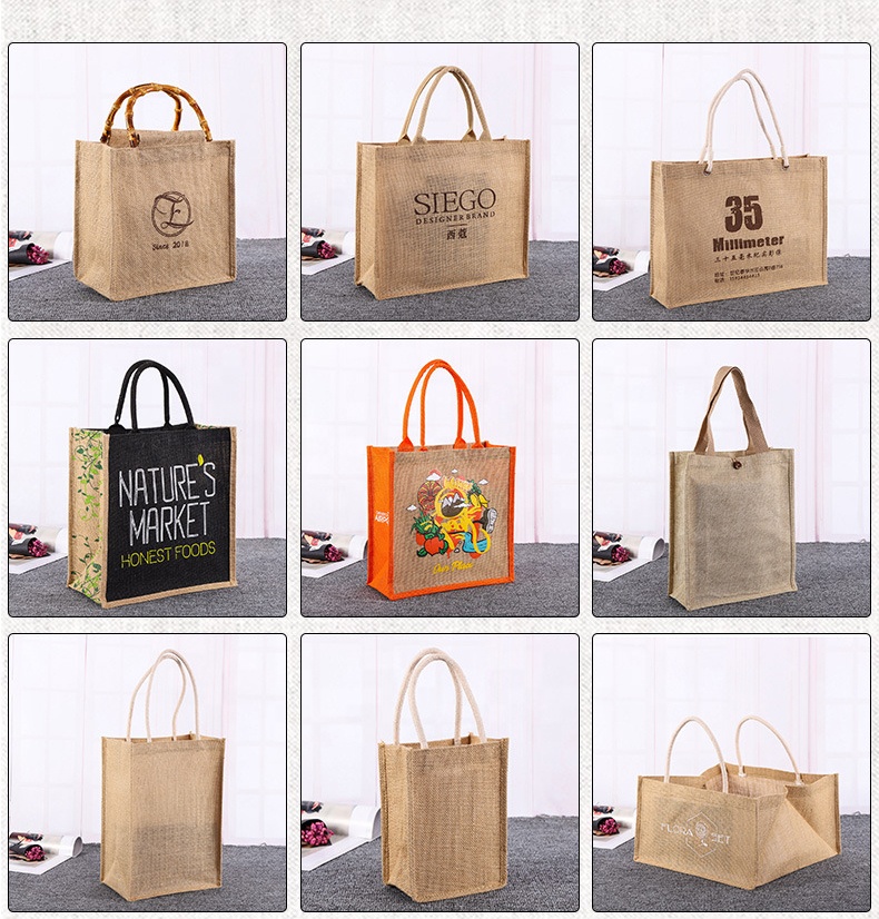 Eco Custom Print Logo Tote Bags Groceries Delivery Burlap Flax Natural Jute Shopping Bag Printed6