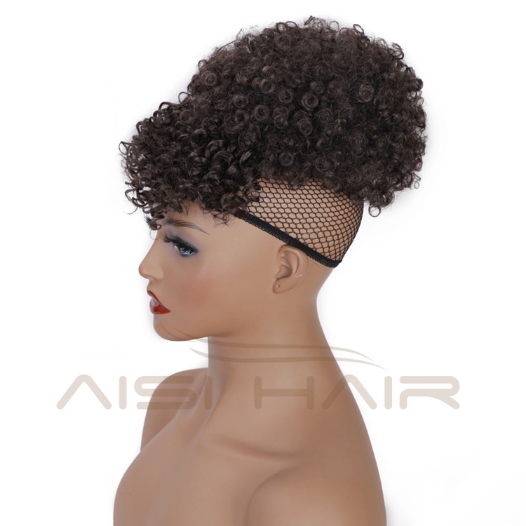 Aisi Hair Hot Selling Afro Puff Short Kinky Curly Drawstring Ponytail Bun With Bangs Synthetic Ponytail Updo Hair Extensions