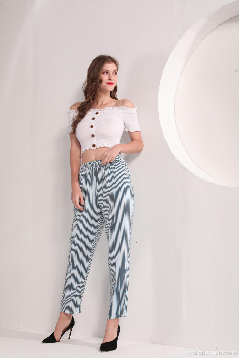 Pantalon femme rayé bleu et blanc