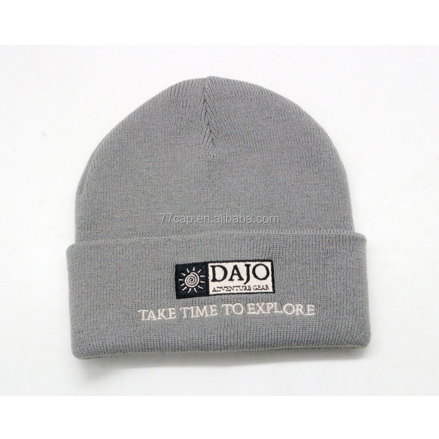 plain gray custom knitted beanie hat with woven label logo
