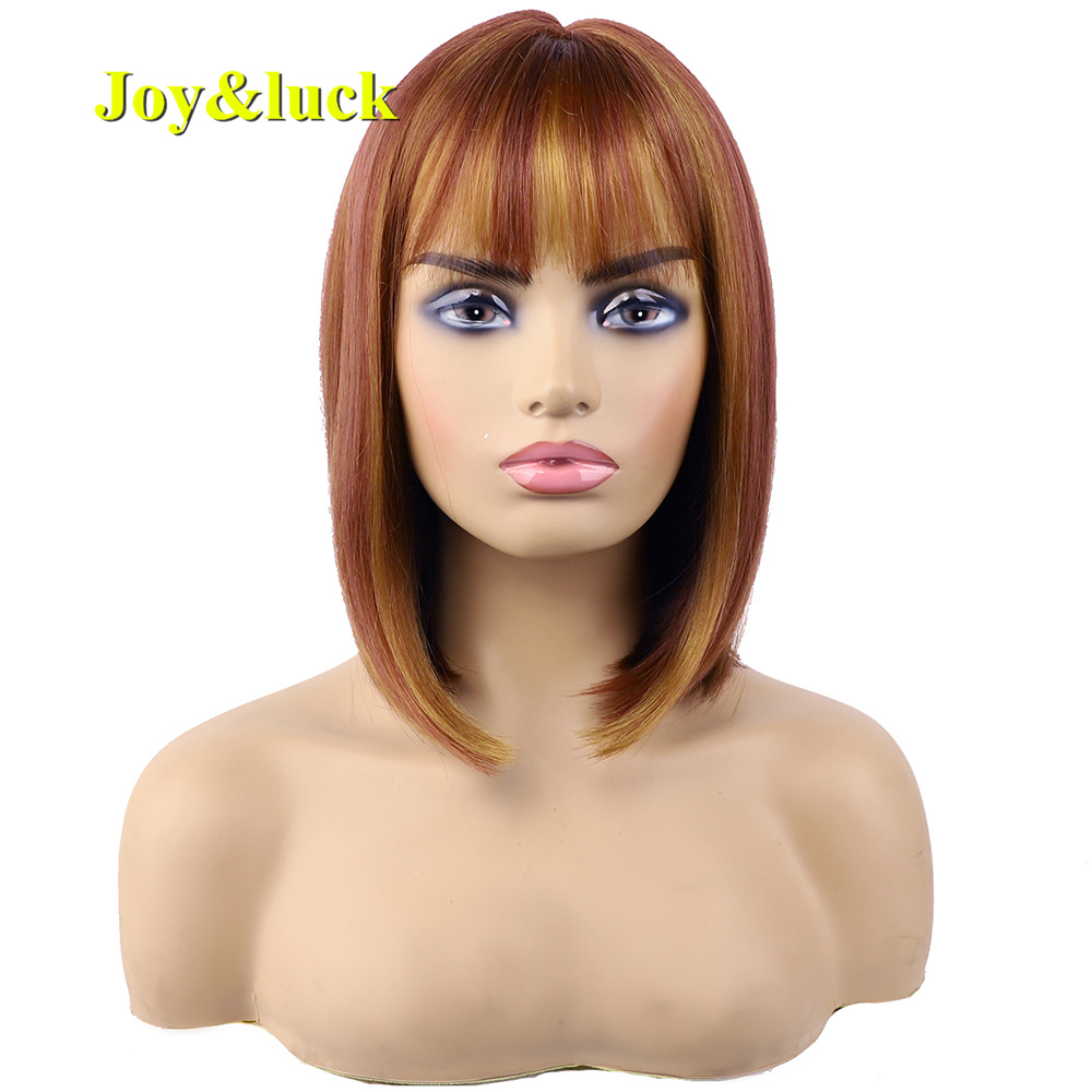 Women's Wholesale Wig With Bangs Cosplay Brown Highlight Golden Blonde Natural Straight Short Bob Cut Wig Synthetic Hair Wigs