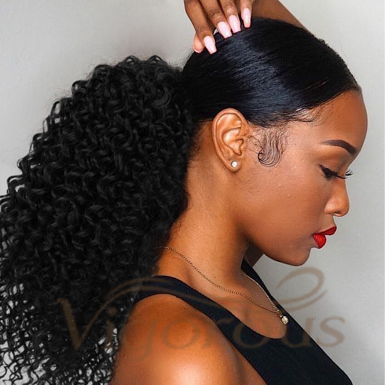 Vigorous High Quality Middle Long Kinky Curly Black Fluffy Heat Resistant Fiber Drawstring Synthetic Ponytail Hair Extension