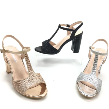 Women Rhinestone T-Strip Ankle Strap Chunk Heel Sandals