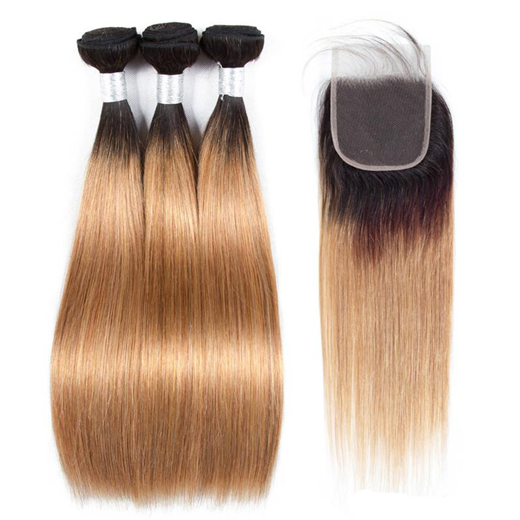 1B27 ombre Blonde Hair Bundles With Closure 3 Bundles With 4x4 Lace Closure Brazilian Straight Hair Remy Human Hair Extensions