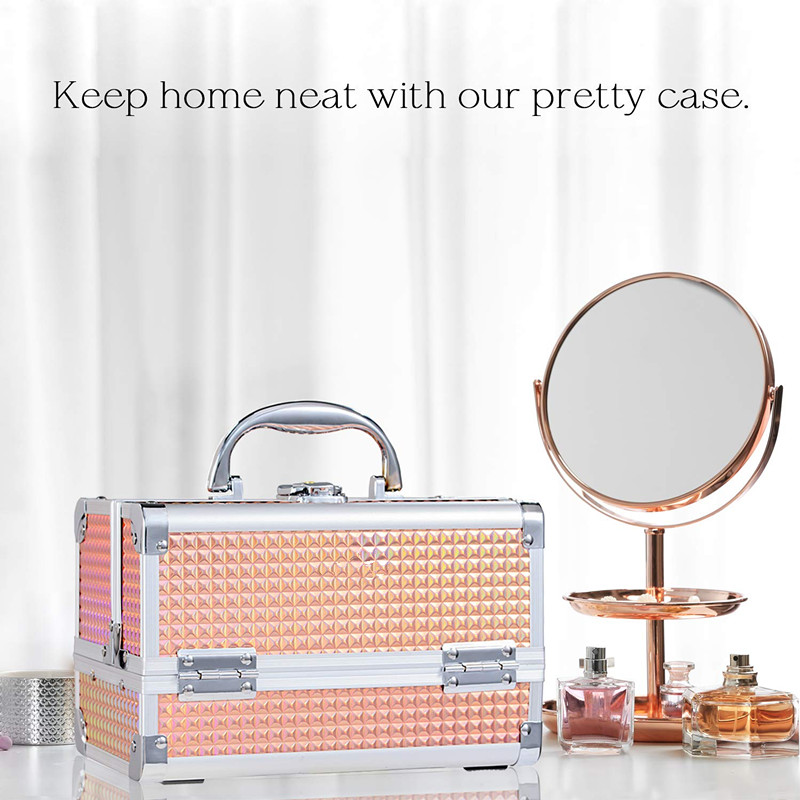 Aluminum Makeup Case Jewelry Organizer Lockable with Key and Mirror 2-Tier Tray Portable Carrying with Handle Travel Storage Box