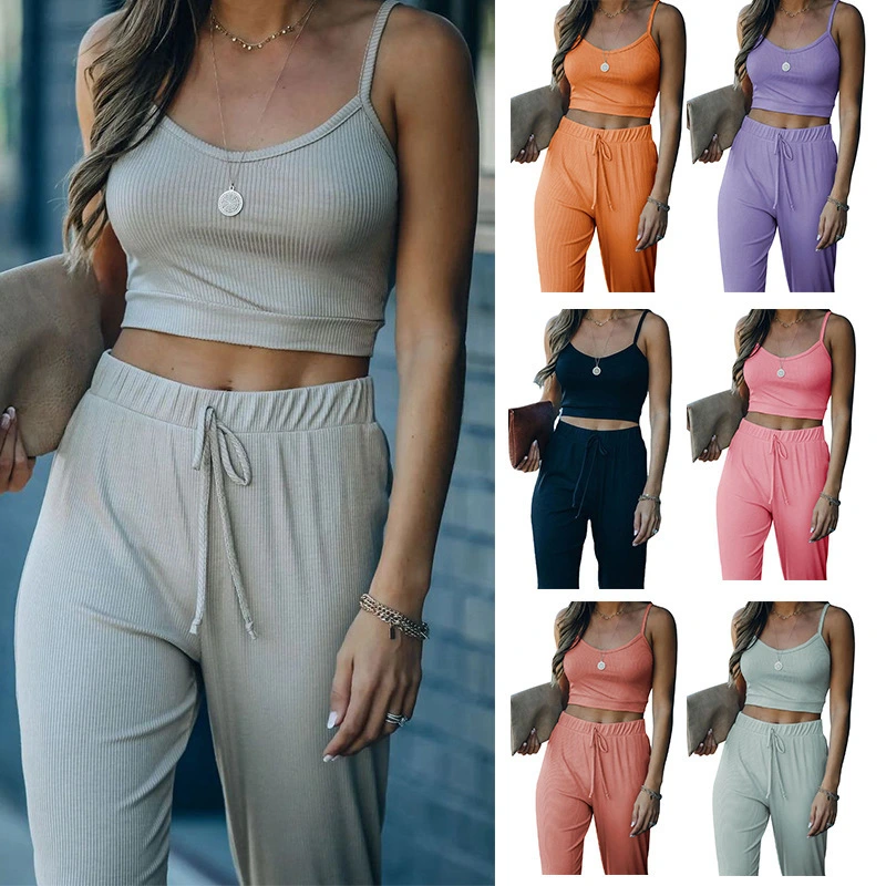 Superstarer Summer Autumn Casual Ladies Two Piece Set Solid Color Sling Tank Top and Pants Women 2 Piece Set