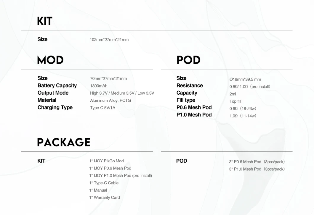 New Arrival Mod Electronic Cigarette Ijoy Pikgo Pod System Battery Cartridge E Cigarette Club Mod Vaporizer Vape Mod