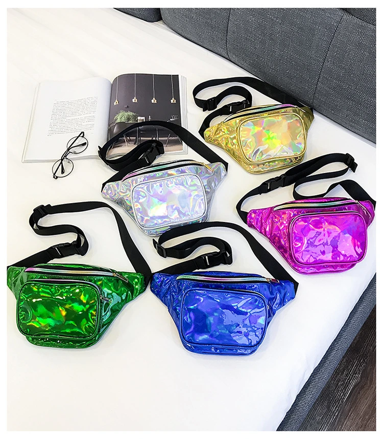 Wholesale Custom Logo Women Rave Festival Waterproof Lase Film Waterproof PU Leather Hologram Bumbags Travel Waist Pack Silver Shiny Neon Fanny Bag