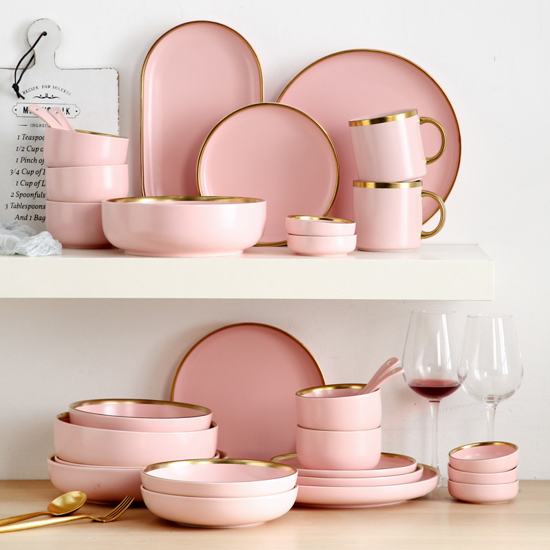 Matte Pink Porcelain Tableware Dinner Plates Dishes Gold Inlay Ceramic Cake Food Plate Bowl Set Dish for Hotel Restaurant