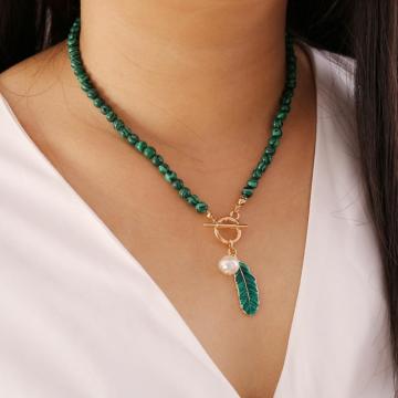 Malachite Jewelry Set for Women Girl IQ Clasp Leaf Pendant Stone Necklace and Crystal Bacelets