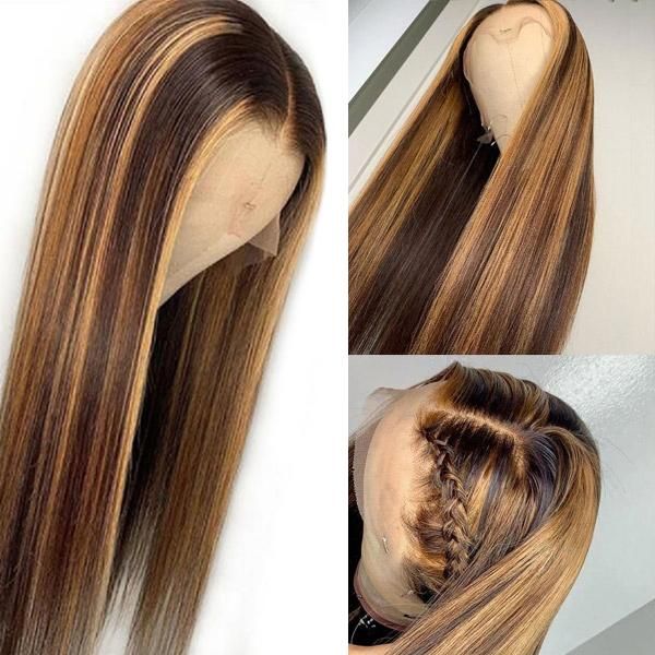 SPARK Blonde 30 Inch Long Straight Brown 13X4 Transparent Lace Highlighted Human Hair Wigs 10a Highlight Body Wave Hair Full Wig