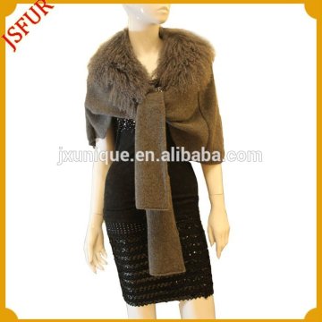 New fashion knitted cape with mongolian lamb fur trim hand knitted shawl