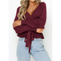 Women&#39;s V Neck Belted midje ruffle pullover topp