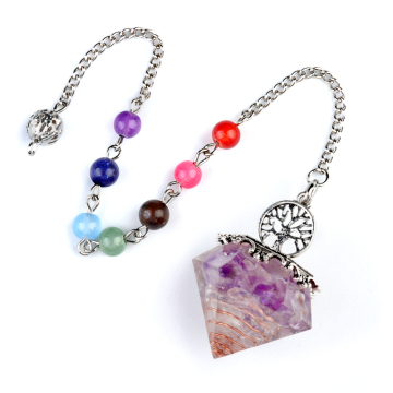 Amethyst Chip Stone Resin Silver Diamonds Pendant & Pendulum 7 Chakra Chain