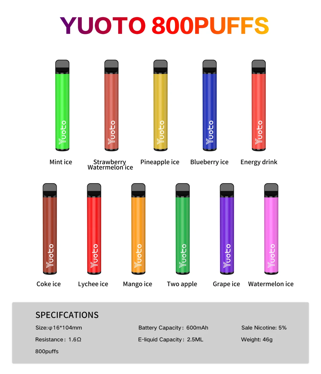 Teeth Clean Vape Wholesale 2% Nic Vape Pod Slim Body Disposable Vape Pen Yuoto 800 Puff Bar Electronic Cigarette Vape