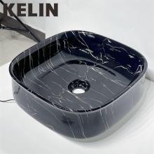 Black Glossy Glazed White Marble Stone Pattern Ceramic Countertop Basin for Toilets