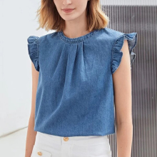 Women's Denim Casual Summer Blouse: Sleeveless, Ruffled Collar, Back Button Closures in Wash Blue