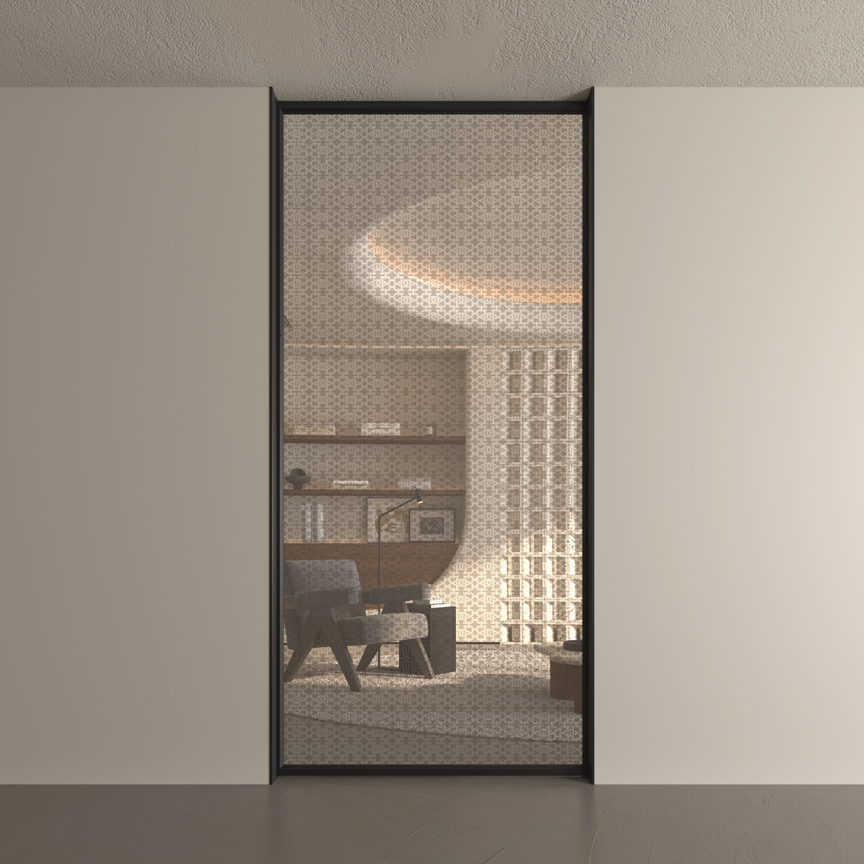 Vista frontal do painel quadrado da porta pivotante Blaze offset