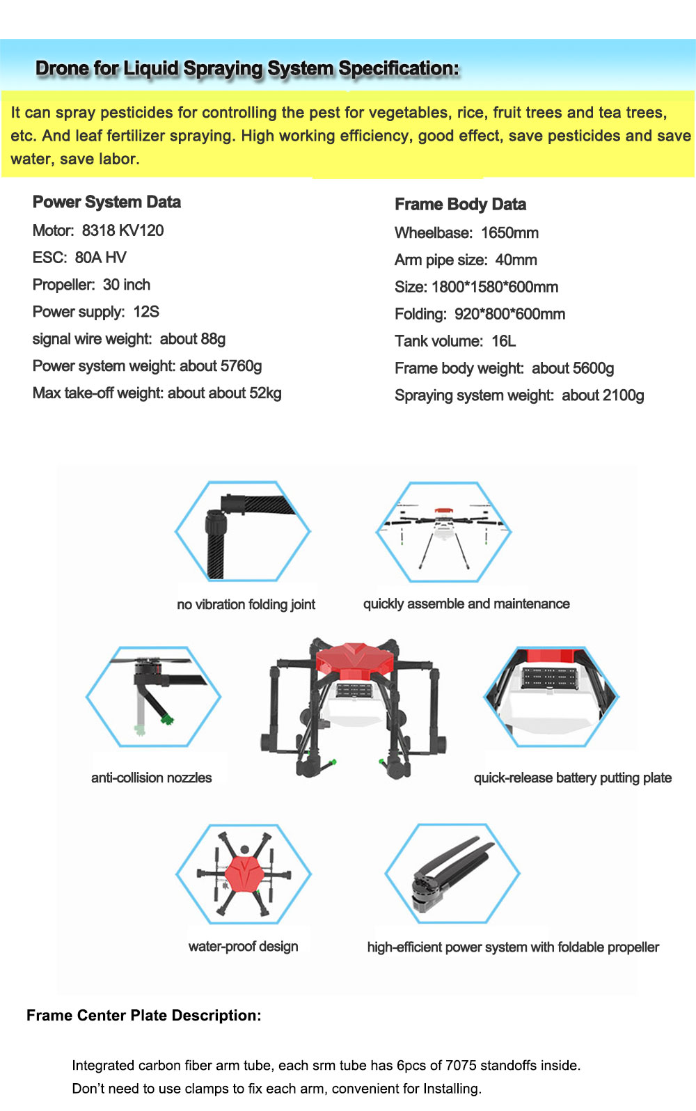 pesticide spraying drone carbon fiber 16kg spraying UAV sprayer for New gernaration farmers