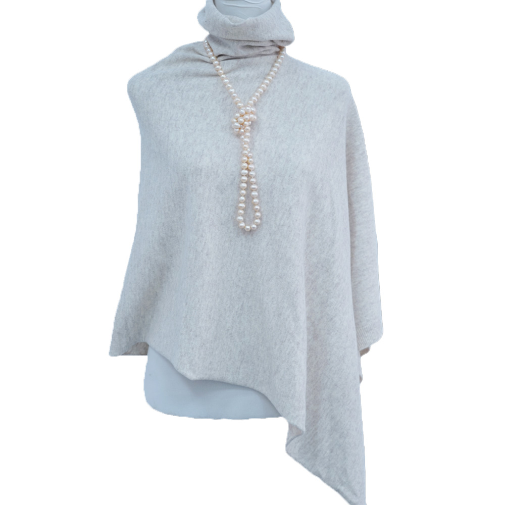 Tricotaj poncho cu guler bej-2 Beige Turtleneck Poncho Knitwear-2