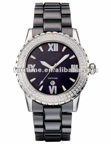 ceramic band,ceramic bandluxury ceramic watch with date,jewelry watch with stones,women fashion band watch,shappire glass