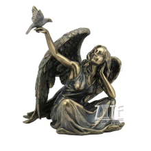 Garden decorative small metal bronze winged angel statue with bird sculpture