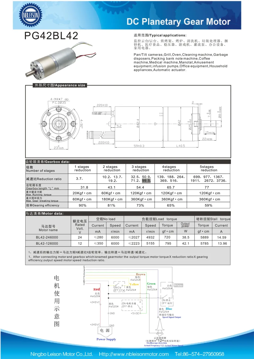 Pg42bl42 38W 42W BLDC Gear Motor with Gearbox 12V 24V