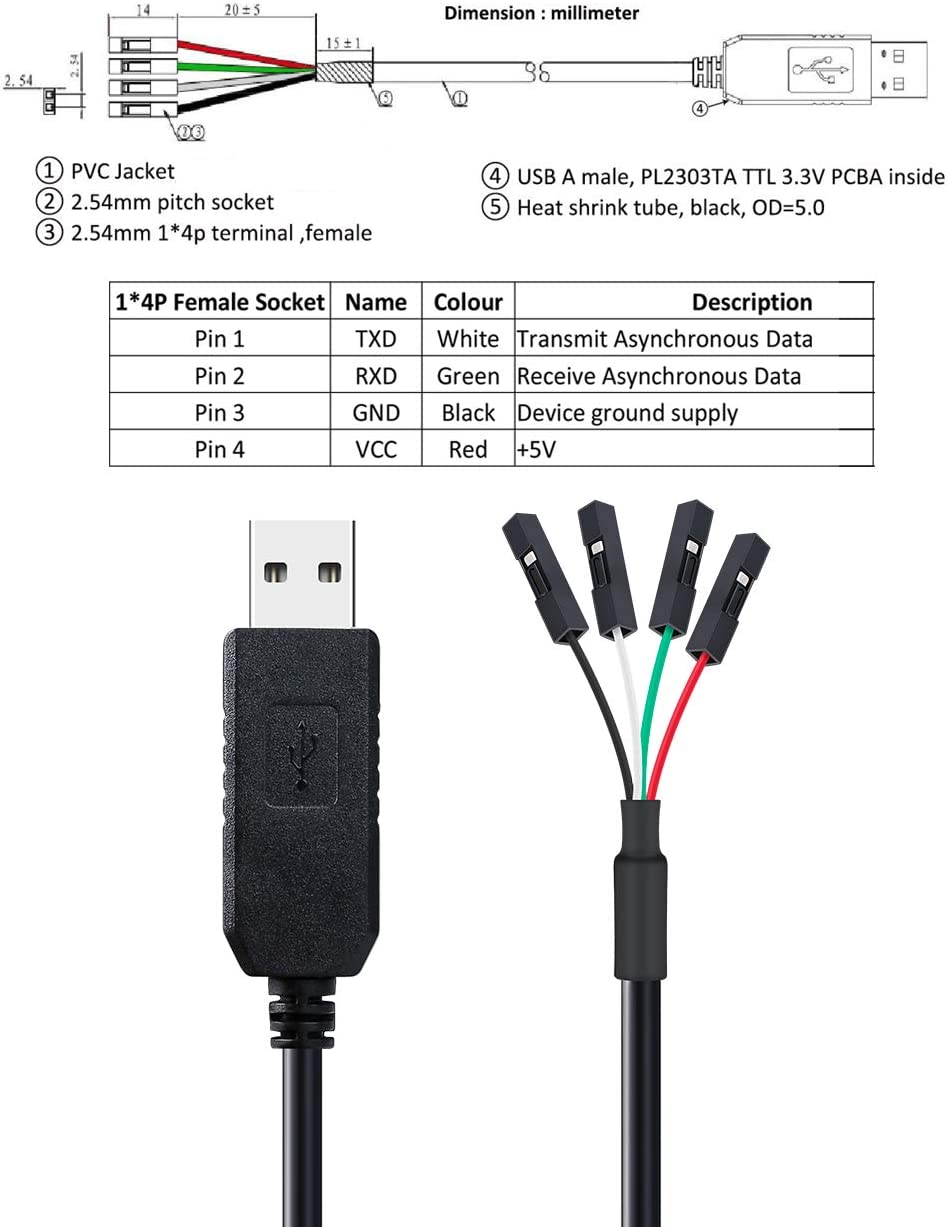 USB to TTL Serial 3.3V Adapter Cable TX RX Signal 4 Pin 0.1 inch Pitch Female Socket PL2303 Prolific Chip W10 8 7 XP