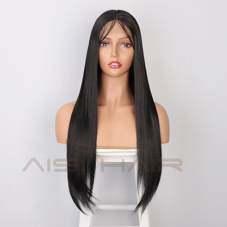 Aisi Hair Long Natural Straight Black Wig With Baby Hair Bangs Swiss Lace Wig Synthetic Lace Frontal Hair Wigs For Black Women