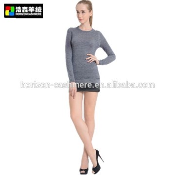 Round Neck Long Sleeve Grey Pullover Dress, Plain Tight Cashmere Pullover