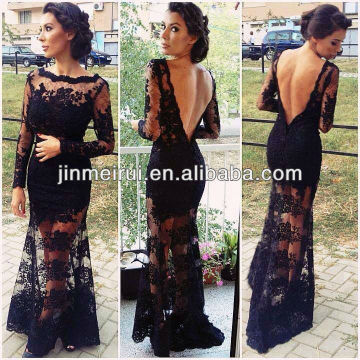 2014 New Arrival Sexy Black V Back Mermaid See Through Long Sleeve Lace Evening Dress
