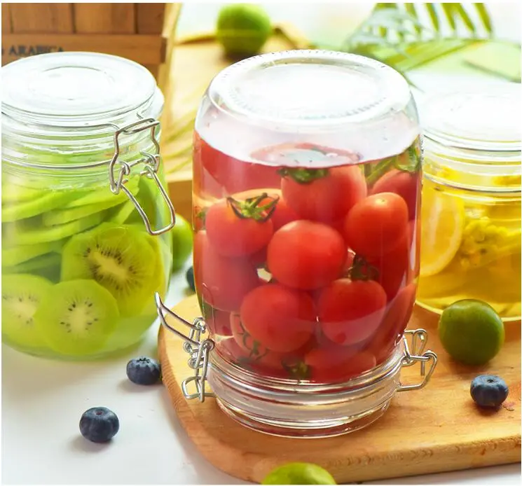 Hot Sell 500ml 1000ml Roun Shape Airtight Glass Pickles Jars Stainless Clip and Glass Lids, Glass Jam Jar