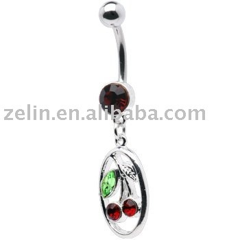 RED GEM CHERRIES FANCY DANGLE BELLY BUTTON NAVEL RING,navel ring,body jewelry