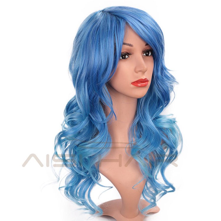 Aisi Hair Heat Resistant Synthetic Fiber Blue Wigs 24 Inch Cosplay Wigs Long Big Wave Cosplay Wigs for Women