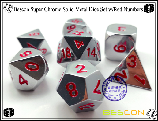 Bescon Super Chrome Solid Metal Dice Set with Red Numbers-2