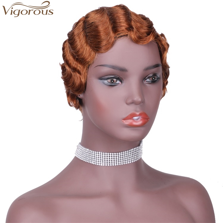 Vigorous Cheap 100% Real Human Hair Finger Wave Wig Pixie Cut Short Light Auburn Curly Wigs for African American Women